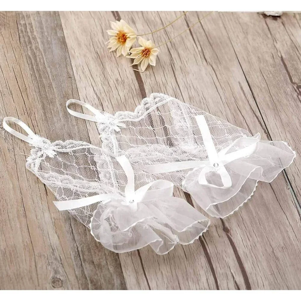 Women's Rhinestone White Bow Lace Gloves Fingerless Bridesmaids Accessories